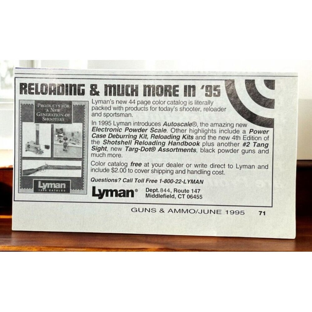 Lyman Guns & Ammo Vintage Print Ad 1990s Reloading Kits Middlefield CT